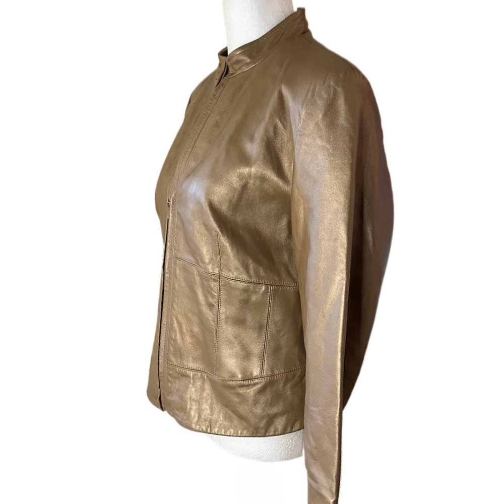 Yvonne Le Marie Gold Metallic Soft Lamb Leather Lined Jacket 3/4 Zip Size 6 - Picture 6 of 12